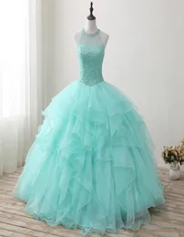 2018 New High Qullity Mint Green Ball Goun Quinceanera Dresses Beaded Prom Sweet 16ドレスプラスサイズレースアップVestido de 15 Ano Q724367159