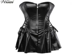 Black Faux Leather Corset Dress Overbust Boned Basque Mini Skirt Sexy Lingerie Bodyshaper Slimsuit Nightwear S6XL Plus Size18979290