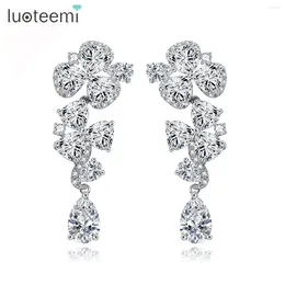 Dangle Earrings LUOTEEMI Fashion Flower Long Water Drop Triangle CZ Stone Shiny Crystal White Gold-Color Bride Ear Accessories