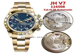 12 estilos de alta qualidade JH V7 40mm Cal4130 Cronógrafo automático Mens relógio 116508 Dial azul 18K Bracelete de ouro amarelo Gents WatchE5178032