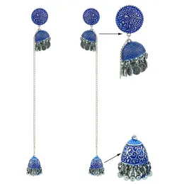 Earrings Indian Gold Handmade Beads Navy Blue Flower Long Chain Tassel Jhumka Nepal Thailand Piercing Earrings Jewelry Bijoux Earring