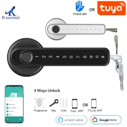 Lås ttlock tuya smart hem fingeravtryck elektroniskt dörr lås lösenord app bluetooth mekanisk nyckel säkerhet biometrisk handtag lås