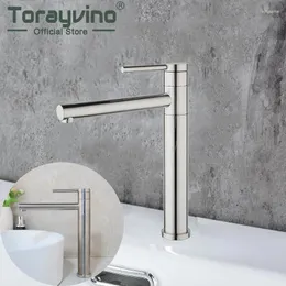 Torneiras da pia do banheiro Torayvino Torneira alta Rubinetto Bagno Alto Mistor frio Tap cromo e latão de níquel escovado