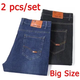 2 pcsset mens 청바지 바지 큰 크기 48 50 큰 데님 45150kg 스트레이트 컷 pantalon homme baggy 240323