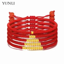 기타 Yunli Pure 24K 999 Gold Ball Bracelet Handmade 여성 또는 어린이를위한 Lucky Red String 고급 보석 생일 선물