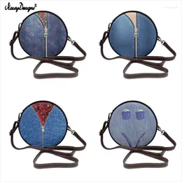 Axelväskor bullriga är denim dragkedja design kvinnor mode pu läder cirkulär väska crossbody kvinnlig märke rund handväska bolsos