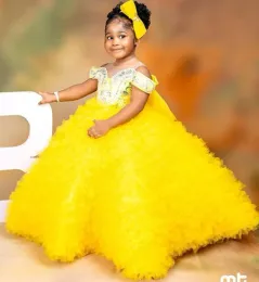 Dresses 2021 Yellow Luxurious Flower Girl Dresses Sheer Neck Ball Gown Beaded Crystals Tiers Tulle Lilttle Kids Birthday Pageant Weddding