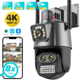 Câmera de câmeras ao ar livre PTZ 9MP 4K HD 8x Zoom híbrido Três lentes Câmera de tela dupla WiFi IP 4MP Alarm de luz de luz CCTV ICSEE