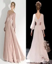 Light Pink Prom Dresses Long Sleeve Evening Formal Gown 2022 Pleated VNeck Party Dress With Satin Sash Modern Women Pageant Gowns9909723