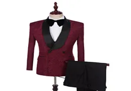 Borgonha Black Lace Shawl Lape One Button Groom Tuxedos Tuxedos Ternos de Casamento para Homens Senhoria5230834