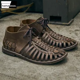 Sandallar İtalyan markası Vintage Erkek Lüks İnek Orijinal Deri Sandalet El yapımı oyuk Out Yüksek Üst Gladyatör Yakın Ayak Parça Dantel Yukarı Sandalet