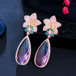 Küpe Cwwzircons Micro Pave Pembe Kübik Zirkonya Çiçek Büyük Su Damlası Gökkuşağı Kristal Kadınlar İçin Uzun Lüks Küpe Boho Takı CZ965