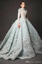 Elie Saab långa ärmar aftonklänningar High Neck Chapel Train 3DFLORAL Appliques Overskirts Party Dress Red Carpet Dress Evening 3967691