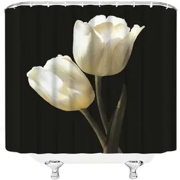 Cortinas de chuveiro cortina de flor preta e branca Tulip