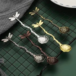 Coffee Scoops Vintage Forest Dragonfly Alloy Spoon Branches Leaves Shape Ice Cream Dessert Milk Mixing Teaspoon Kitchen Supplies