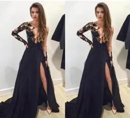 2017 Sexy Long Black Prom Dresses Appliques Deep Vneck Long Sleeves Side Split Evening Party Gowns Custom Made vestisdos de novia9278713