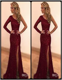 Sparkly Bling Sequined Bourgogne Mermaid Prom Dresses 2020 Custom Made One Shoulder Long Evening Party Dress Sexig Side Slit Robe de6911012