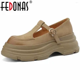 Kleiderschuhe Fedonas Plattformen Frauen Pumpen Frühlings Sommer Retro-Stil T-gebundene echte Lederrunde Zeh Casual Working Woman Basic