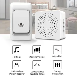 Câmara de campainha 2023 Novos botões populares de campainha sem fio ao ar livre 150m Remote Home Smart Doorbell Plug Receiver 38 Rings Hot Sale