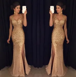 Gold Shinny Prom Dresses 2017 Sexy v Cap Cap Sleeves aded equins crystal side side slit prod dresses dresses party party 2999408