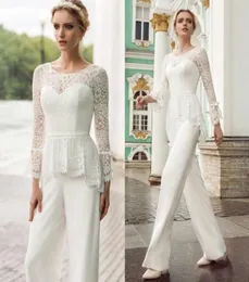 Elegant Peplum Lace Mother Of The Bride Pant Suits Jewel Neck With Long Sleeves Wedding Guest Dress Plus Size Chiffon Mothers Groo1625056