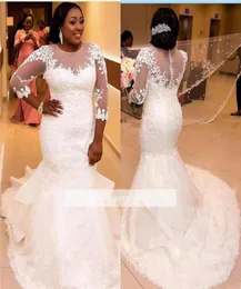 Lace Plus Size Mermaid Wedding Dresses with 34 Long Sleeves African Wedding Gown Courtl Train White Tulle Bridal Gowns4369068