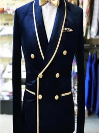 Tuxedos de casamento de casamentos de peito duplo azul marinho de peito noivo Shawl Velvet Suits Men Blazer Blazer Business Designer Jacket Only One P5444746