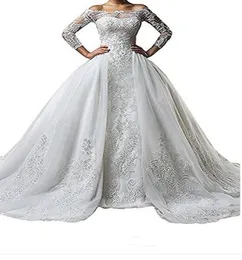 Vintage Bateau Neck Spitze Langarm Brautkleider mit abnehmbarem Rock Plus Größe Illusion 2019 Zug Vestido de noiva Braut G9154646