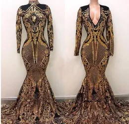 Dresses Yousef Aljasmi High Neck Evening Dresses Black And Gold Sweep Train Luxury Mermaid Prom Dress Party Evening Long Sleeve Formal Gow