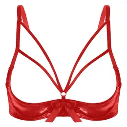 Bras kadın erotik iç çamaşırı ıslak görünüm patent deri cupless sütyen üstleri seksi açık bardaklar bowknot alt kollu tank bralette mahsul femme