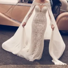Dresses Elegant Long Sleeves Wedding Dress With Wrap Sheer Jewel Neckline Lace Applique Tulle Mermaid Wedding Gowns 2017 Stylish Sexy Brid