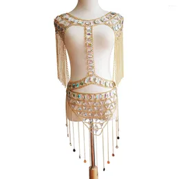 Damskie moda na kąpiel Seksowną boho ręcznie robioną biżuterię do ciała z metalowymi łańcuchami Rhinestone Backless Top i trójkątne mini spódnica bikini