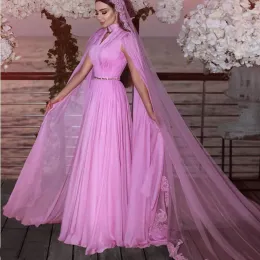 Klänningar romantiska rosa bröllopsklänningar höghals ärmlös aline golvlängd baksida blixtanpassade brudklänningar med lång slöja ny com