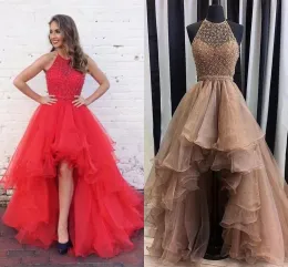 Elbiseler ışıltılı kırmızı şampanya yüksek düşük balo elbiseleri 2018 üst boncuklu organze gece önlükleri vintage sade seksi fermuar arka parti elbise