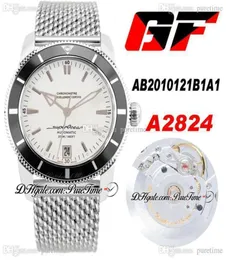 GF 42mm AB2010121 ETA A2824 Automatisk herrar Titta på svart keramisk Bezel White Dial Rostfritt stål Mesh Armband Edition PTBL PU6193779