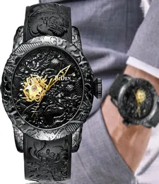 Luksusowy czarny grawerowany 3D Grawerowany smok Automatyczne mechaniczne mężczyzn zegarków Wodoodporne sport dla mężczyzn Zegarek na nadgarstek Męski Zegar Y194513760