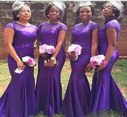 2017 South African Long Mermaid Purple Bridesmaid Dresses Fahsion Short Sleeve Beaded Bow Satin Floor Length Party Gowns Nigeria C8541378