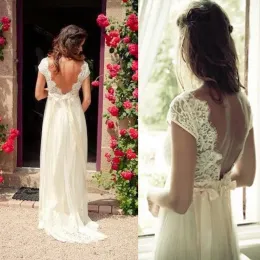 Dresses 2019 Vintage Bohemian Wedding Dresses A Line Backless Sheer Lace Cap Sleeves Bridal Gowns with V Neck Beaded Sash Country Brides S