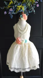 Vestidos roupas Roupas infantis Menino Roupos de bebê Coral Mint Ivory Lace Flower Girl Dress Farda de cabeça, vestido de noiva, casamento, vintage