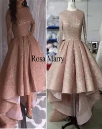 Rose Gold Sequined Arabic Dubai Prom Dresses 2020 Plus Size Long Sleeves High Low Cheap African Girls Formal Pageant Evening Party9651626