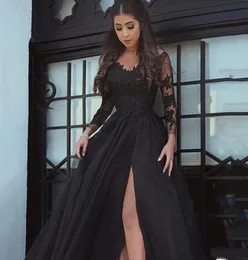 2020 Amazing Black Prom Vestres de Tule Long Tulle Dress Sexy Split Side e Backless Apliques Dresses Night Mulheres Vestidos de Festa6914089