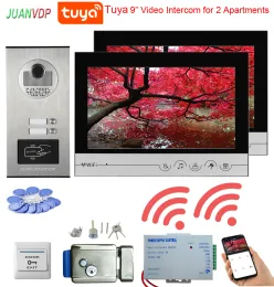 Intercom 2 라인 9 인치 Tuya 비디오 도어 전화 인터콤 초인종 RFID HD IR 야외 방수 카메라 유도 카드 비디오 도어 전화