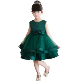 ドレス安い濃い緑色のボールガウン花の女の子ドレス膝の長さ弓の花チュールプロムイブニングドレスガールページェントガウン在庫