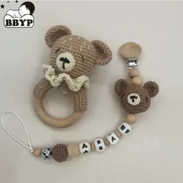 Baby Rattle 크로 셰 뜨개질 곰 Teether Beels Pacifier Chain Born Montessori Educational Toy Wooden Rings Baby Toys 240325