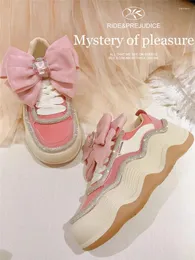 Casual Shoes Spring Ful Sweet Big-Toe Sneakers Wavy Diamonds Sweet Girl Bows Pink Lace-Up Platform