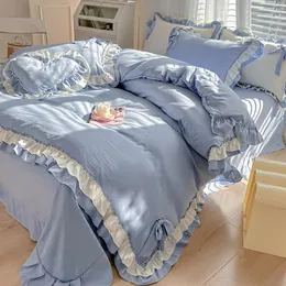 寝具セットミスディアウォッシュコットンセットroupa de cama laceフリルベッドシートは、女の子と青いベッドクロス用の枕カバー付きベッドシート