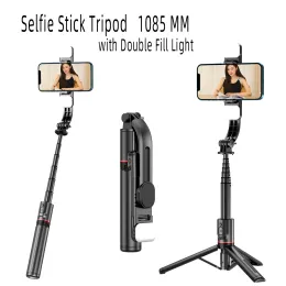 Monopods 1085mm selfie Stick Trans مع ملء الضوء اللاسلكي اللاسلكي Mini Phone Tripod حامل قابلة للطي قابلة للطي حامل للهاتف الذكي