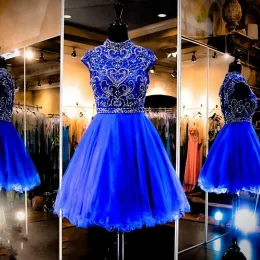 Dresses Gorgeous Royal Blue Homecoming Dress tulle beaded high neck prom dress cap short sleeves short party dress vestidos de festa