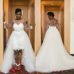 Vestidos na África do Sul vestidos de noiva 2016 puro pescoço ilusiong manga longa renda de noiva curta vestidos de noiva com tule excesso asirmas hilo weddi