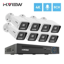 Sistema H.View 8MP 4K Câmeras de segurança CCTV Sistema 8CH Kit de vigilância de videoclipe Câmera de áudio externo de áudio IP Poe NVR Conjunto de gravadores